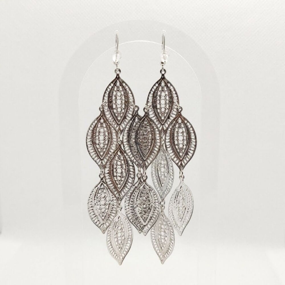 Long Silver Tone Filigree Chandelier Dangle Drop Tiered Leaf Fashion Earrings